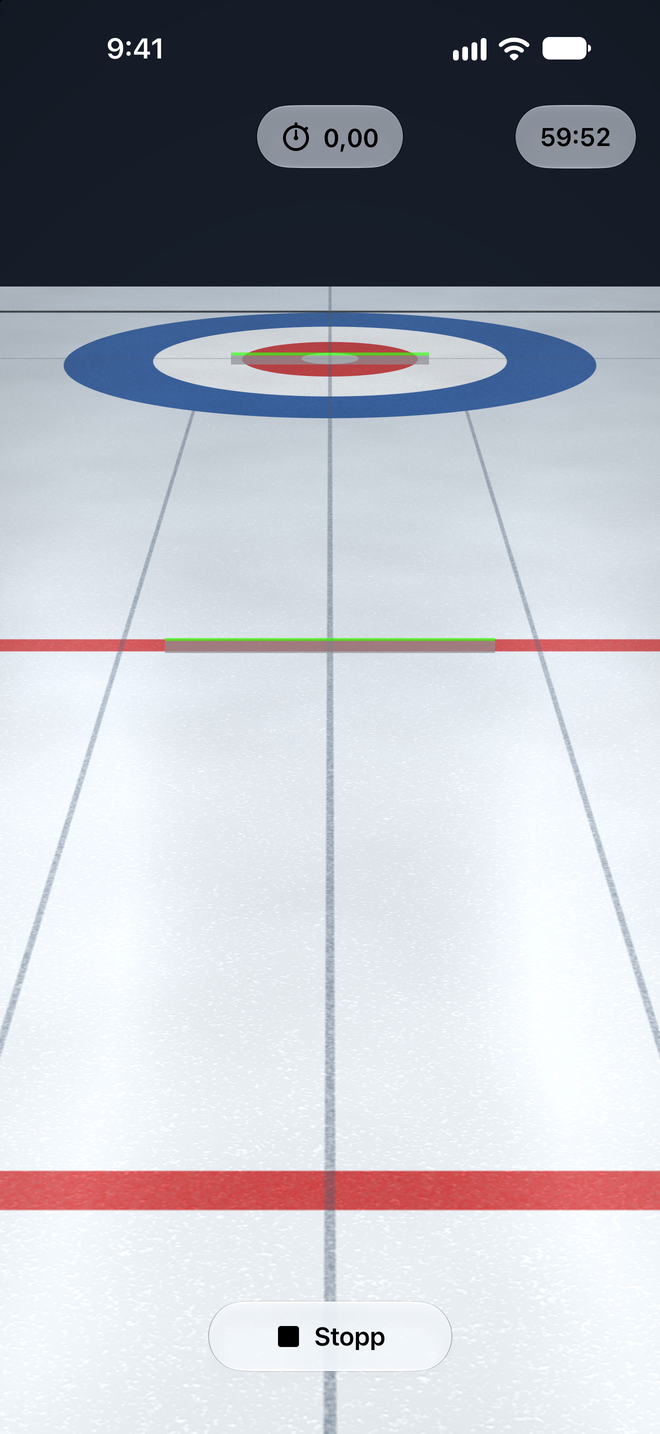 Curling Split Time Camera im Live-Modus: Die Uhr oben zeigt 0,00 und ist bereit für den nächsten Stein, die beiden Zonen liegen auf der Tee-Linie und der Hogline, unten ein Stopp-Button