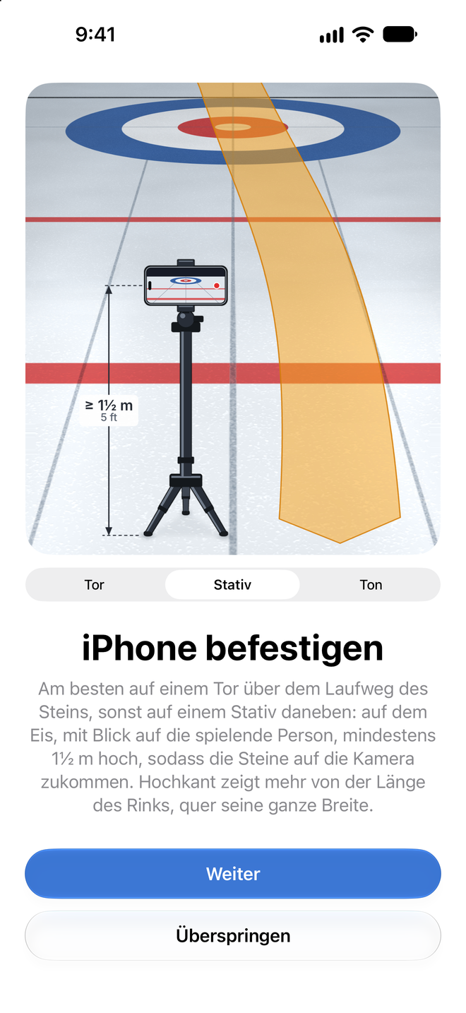 Montageanleitung mit dem Schalter auf Stativ, mit einem iPhone auf einem Stativ neben dem Laufweg des Steins auf dem Eis, derselben Höhenmarkierung sowie den Buttons Weiter und Überspringen