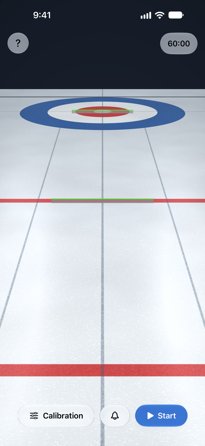 Setup mode with two draggable zone bars on the ice, each with a green top edge, a Help button at the top, and Calibration, beep and Start buttons