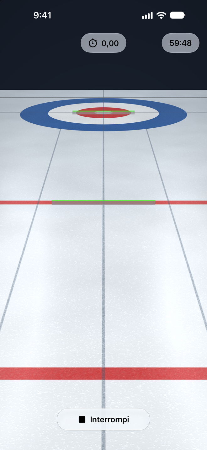 Curling Split Time Camera in modalità live: il cronometro in alto segna 0,00, pronto per la stone successiva, le due zone sono sulla linea del tee e sulla hog line, con un pulsante Interrompi in basso