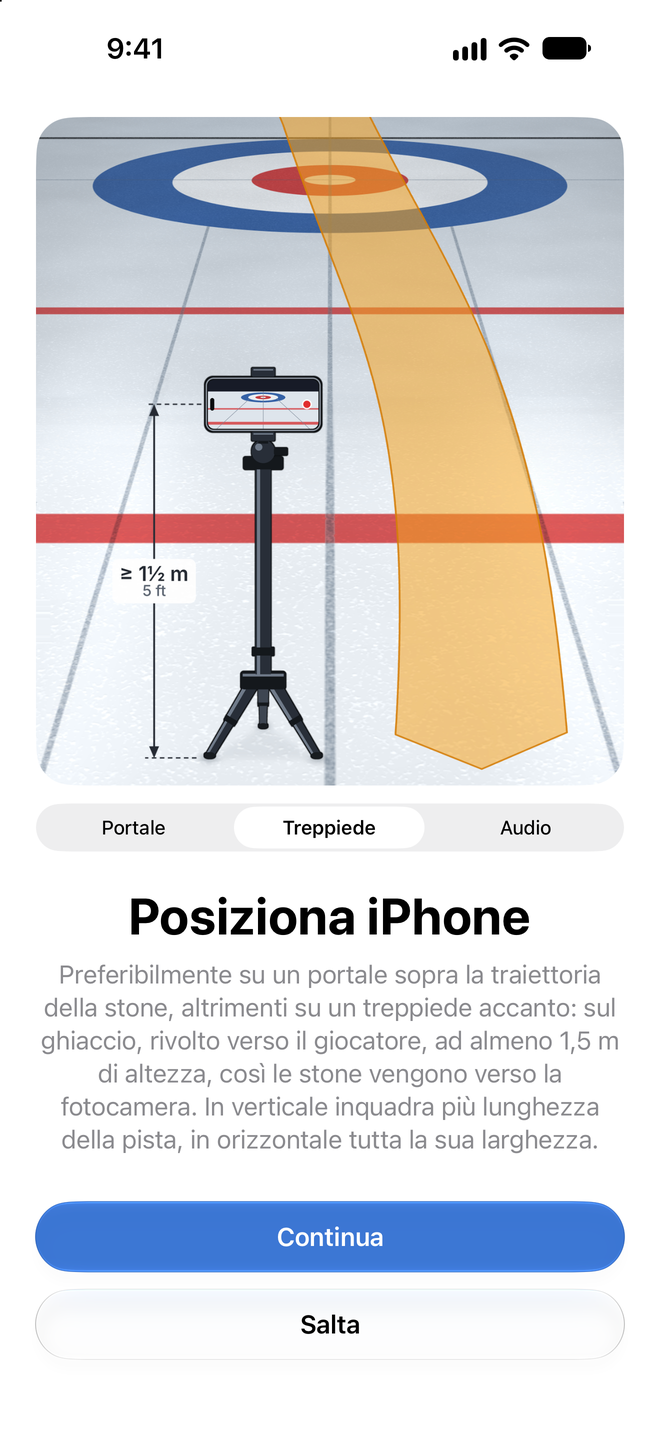Guida al montaggio con il selettore su Treppiede, con un iPhone su un treppiede accanto alla traiettoria della stone sul ghiaccio, lo stesso indicatore di altezza e i pulsanti Continua e Salta